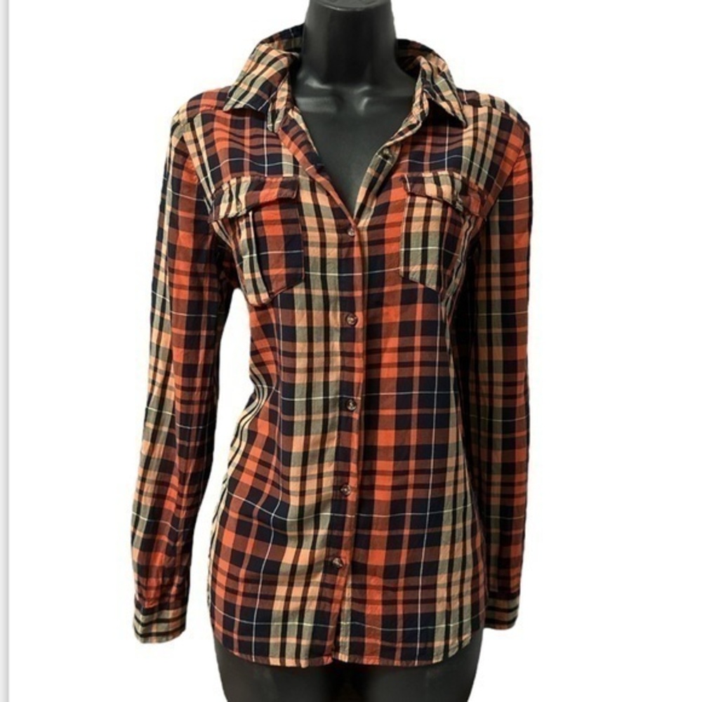 Est 1946 Blouse Top Check Long Sleeve Multi Orange Black BoHo Flowy sz Med (943)